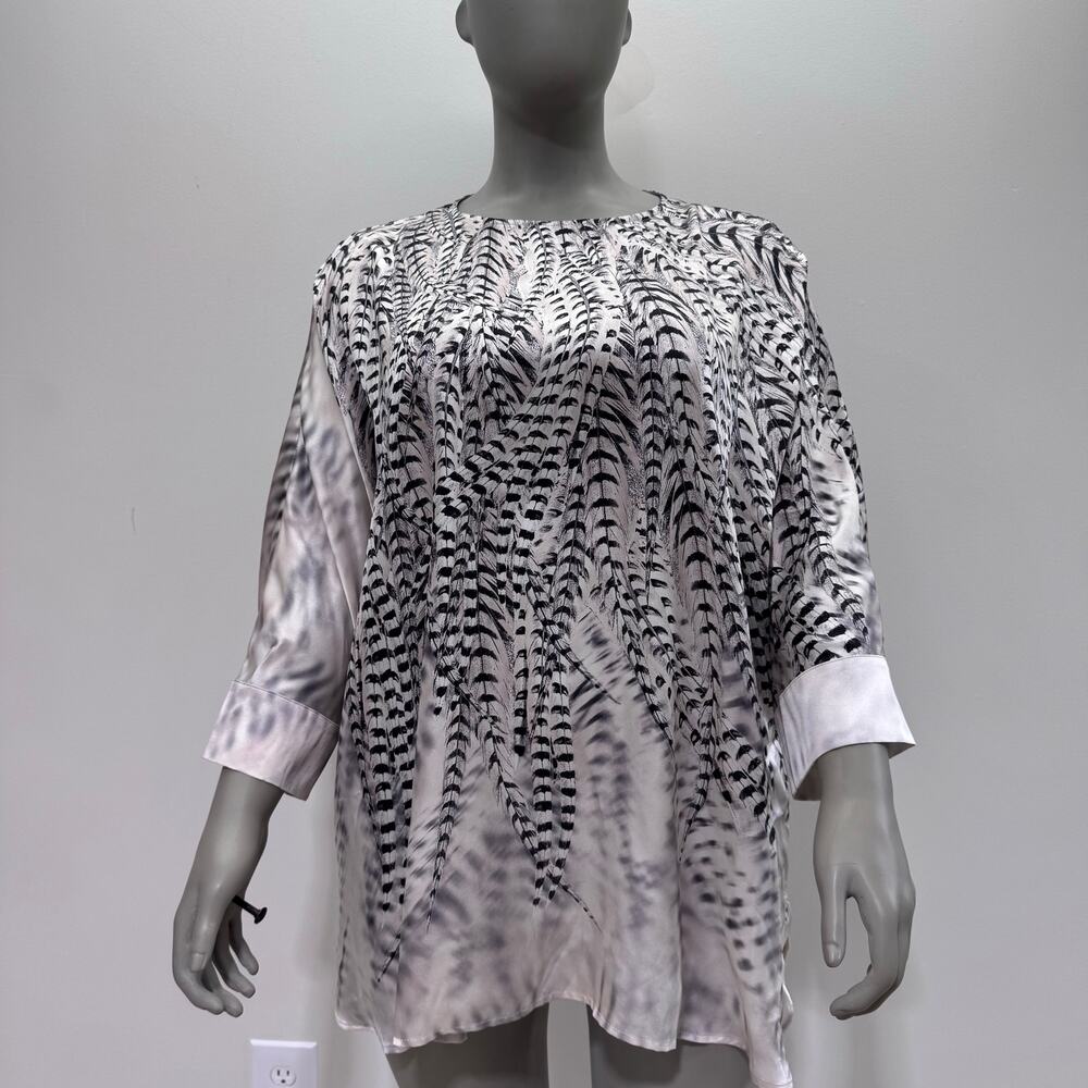 NWT Marina Rinaldi Feather Print Silk Blouse US 20 Old Money Artsy Quiet Luxury